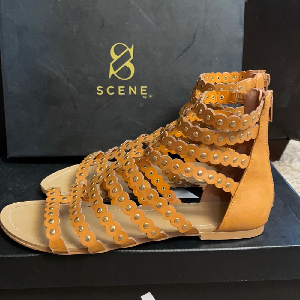 Size 7.5, cognac color gladiator sandals, from just fab, worn 3 times